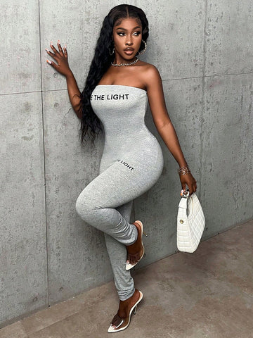 Ladies' Letter Printed Strapless Tight Jumpsuit