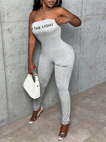 Ladies' Letter Printed Strapless Tight Jumpsuit