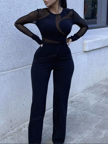 Ladies' Mesh Patchwork Long Sleeve Jumpsuit