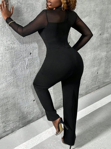 Ladies' Mesh Patchwork Long Sleeve Jumpsuit