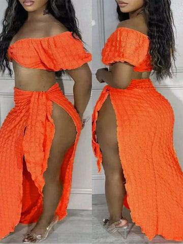 Ladies' Orange Bubble Grid Three-Piece Set For Beach Vacation With One-Shoulder Twisted Short Top, One-Piece Skirt With Briefs