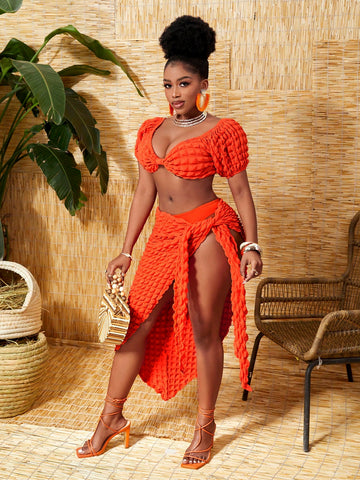 Ladies' Orange Bubble Grid Three-Piece Set For Beach Vacation With One-Shoulder Twisted Short Top, One-Piece Skirt With Briefs