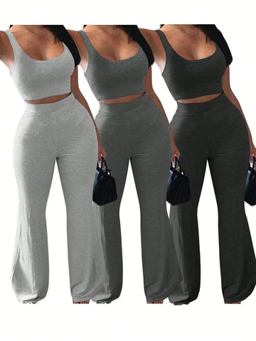 Ladies' Plain Simple Daily Wear Top And Long Pants 2-Piece Set