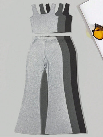 Ladies' Plain Simple Daily Wear Top And Long Pants 2-Piece Set