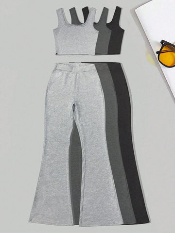 Ladies' Plain Simple Daily Wear Top And Long Pants 2-Piece Set