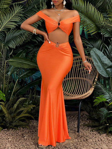 Ladies' Round Ring Decor Off Shoulder Short Sleeve Top And Mermaid Hem Skirt Two Piece Set