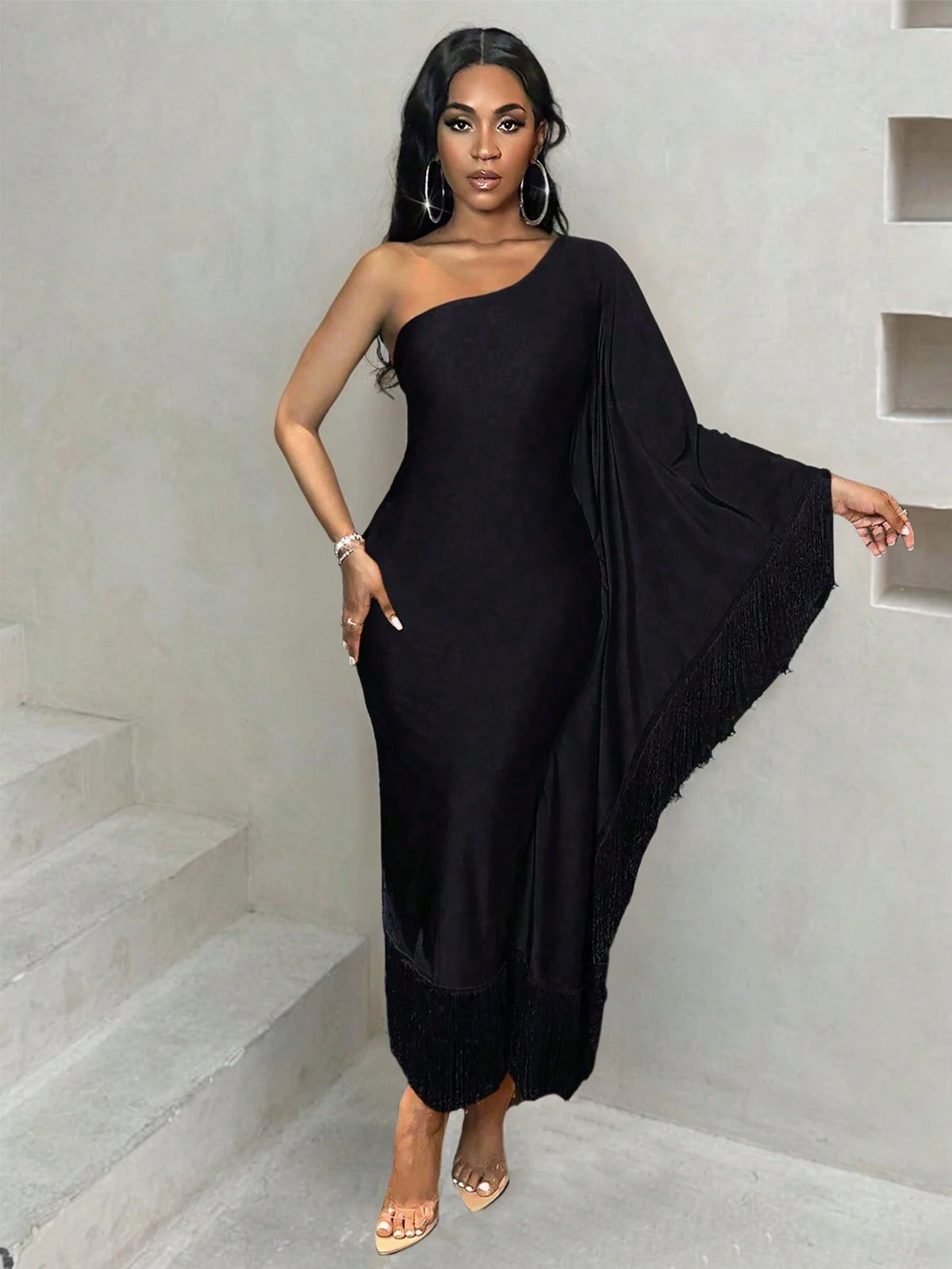 Ladies' Solid Color Asymmetrical Neck Batwing Sleeve Dress With Tassel Detail