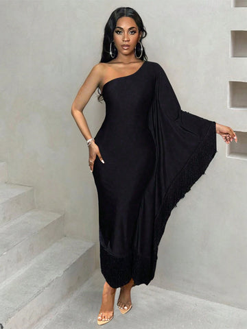 Ladies' Solid Color Asymmetrical Neck Batwing Sleeve Dress With Tassel Detail