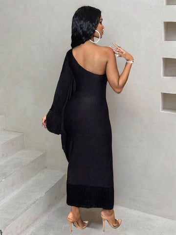 Ladies' Solid Color Asymmetrical Neck Batwing Sleeve Dress With Tassel Detail