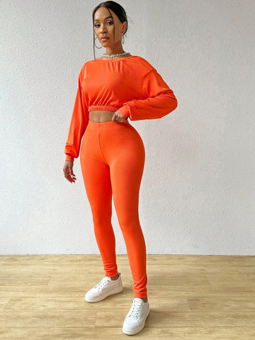 Ladies' Solid Color Cropped Top And Leggings Set