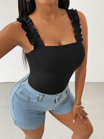 Ladies' Solid Color Lace Trim Simple Summer Bodysuit