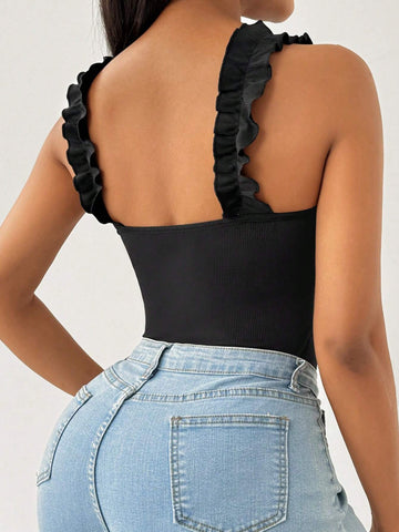 Ladies' Solid Color Lace Trim Simple Summer Bodysuit