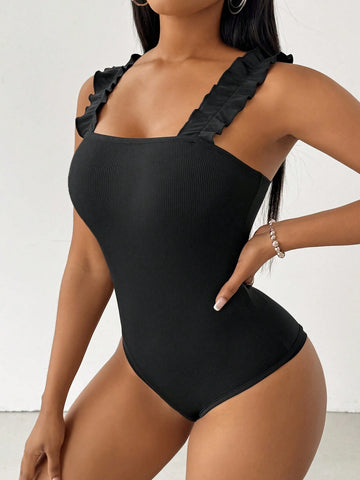 Ladies' Solid Color Lace Trim Simple Summer Bodysuit