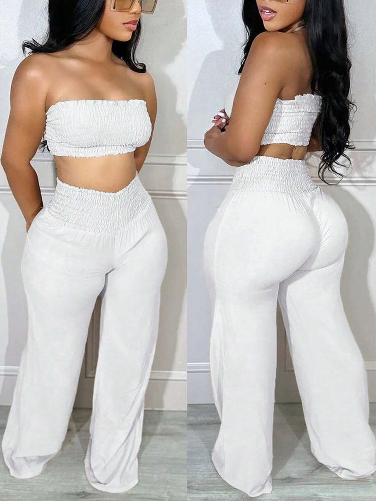 Ladies' Solid Color Lace Trimmed Strapless Top And Pants Two Piece Set