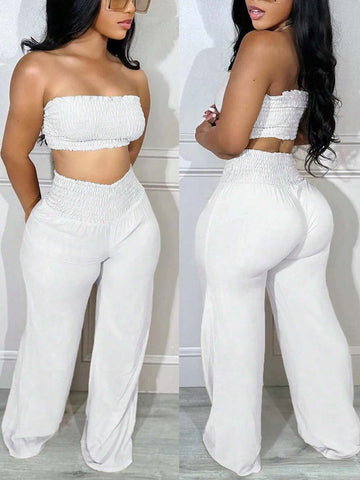 Ladies' Solid Color Lace Trimmed Strapless Top And Pants Two Piece Set