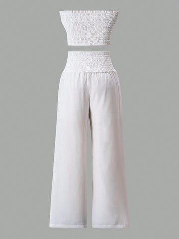 Ladies' Solid Color Lace Trimmed Strapless Top And Pants Two Piece Set