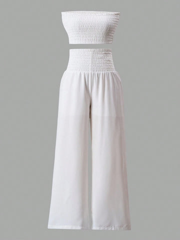 Ladies' Solid Color Lace Trimmed Strapless Top And Pants Two Piece Set