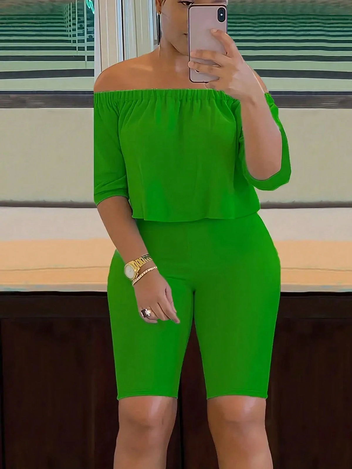 Ladies' Solid Color Off Shoulder Top And Shorts Summer Casual 2pcs/Set