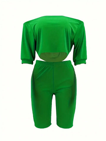 Ladies' Solid Color Off Shoulder Top And Shorts Summer Casual 2pcs/Set