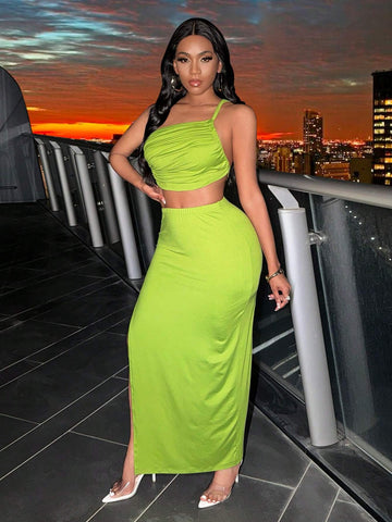 Ladies" Solid Color One-Shoulder Party Dress With Spaghetti Strap And Fashionable High Slit Half-Skirt Two-Piece Set