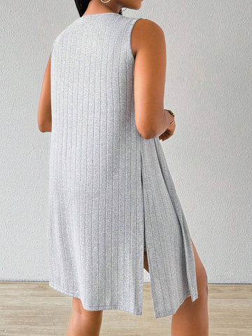 Ladies' Solid Color Ribbed Cami Jumpsuit With Short And Sleeveless Split Hem Casual Outfit, 2pcs/Set For Summer