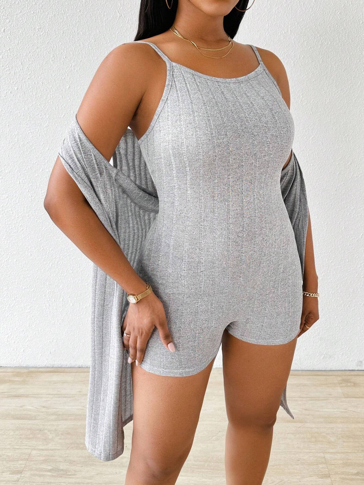 Ladies' Solid Color Ribbed Cami Jumpsuit With Short And Sleeveless Split Hem Casual Outfit, 2pcs/Set For Summer