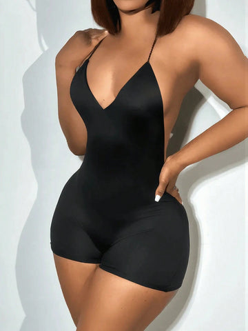 Ladies' Solid Color Spaghetti Strap Backless Slim Fit Jumpsuit For Summer