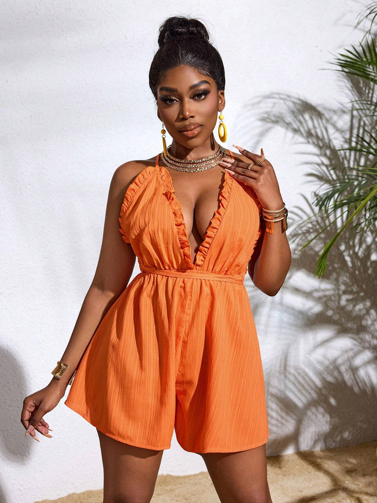 Ladies" Summer Sexy Solid Color Ruffle Edge Open Back V-Neck Sleeveless Vacation Romper Shorts