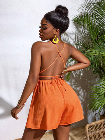 Ladies" Summer Sexy Solid Color Ruffle Edge Open Back V-Neck Sleeveless Vacation Romper Shorts