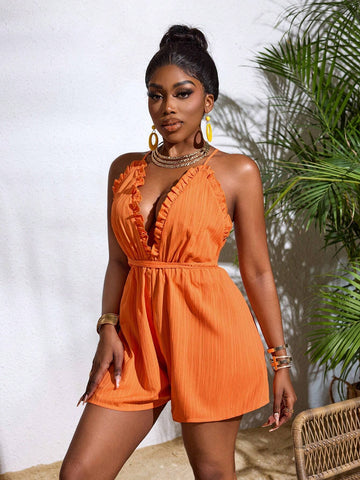 Ladies" Summer Sexy Solid Color Ruffle Edge Open Back V-Neck Sleeveless Vacation Romper Shorts