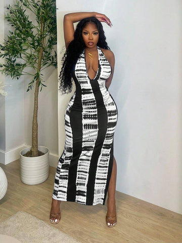 Ladies' Summer Tie Dye Printing Sexy Sleeveless Halter Bodycon Dress With Side Split Hem