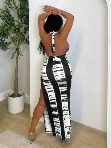 Ladies' Summer Tie Dye Printing Sexy Sleeveless Halter Bodycon Dress With Side Split Hem