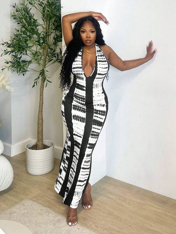 Ladies' Summer Tie Dye Printing Sexy Sleeveless Halter Bodycon Dress With Side Split Hem