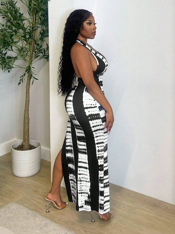 Ladies' Summer Tie Dye Printing Sexy Sleeveless Halter Bodycon Dress With Side Split Hem