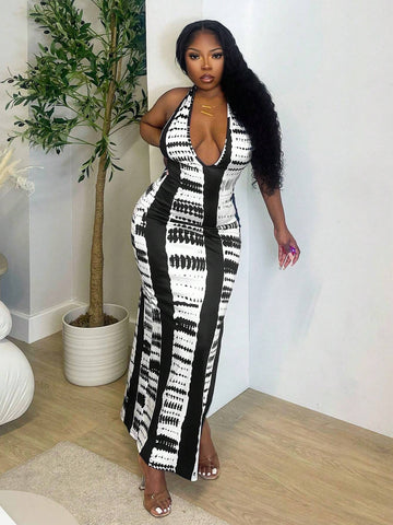 Ladies' Summer Tie Dye Printing Sexy Sleeveless Halter Bodycon Dress With Side Split Hem