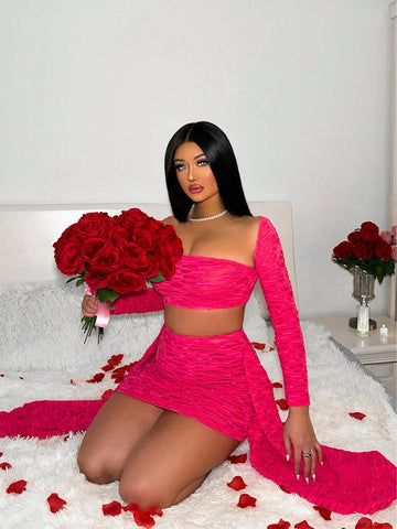 Ladies Textured Crop Top And Skirt Set