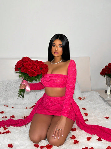 Ladies Textured Crop Top And Skirt Set