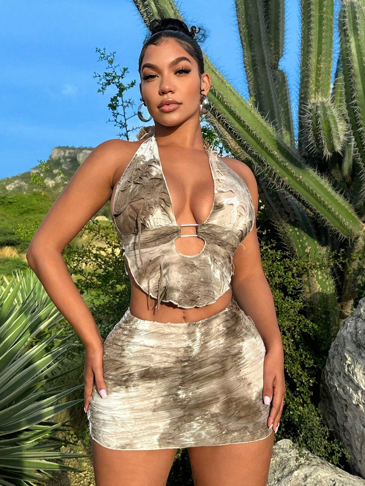 Ladies' Tie Dye Asymmetric Hem Halter Neck Tank Top And Skirt Set With Distressed Details