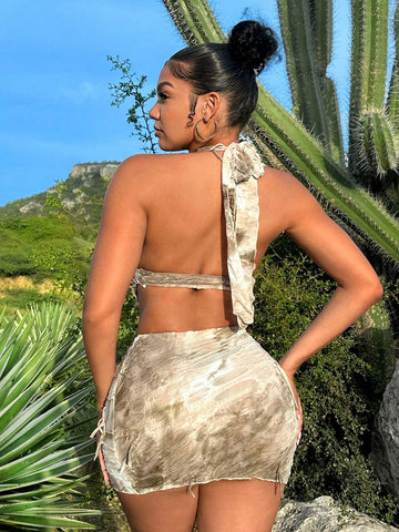 Ladies' Tie Dye Asymmetric Hem Halter Neck Tank Top And Skirt Set With Distressed Details