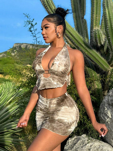 Ladies' Tie Dye Asymmetric Hem Halter Neck Tank Top And Skirt Set With Distressed Details