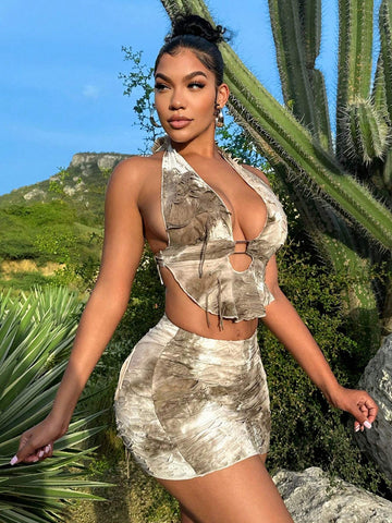 Ladies' Tie Dye Asymmetric Hem Halter Neck Tank Top And Skirt Set With Distressed Details