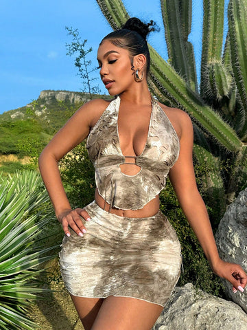 Ladies' Tie Dye Asymmetric Hem Halter Neck Tank Top And Skirt Set With Distressed Details