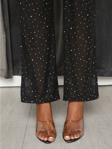 Lapel One Button Blazer Jacket & Rhinestone Net Yarn Long Pants Set