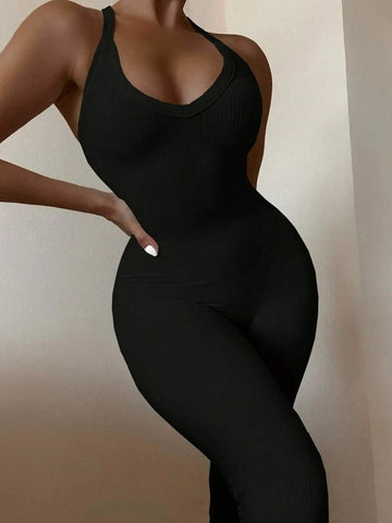 Leisure Short Jumpsuit With Crossed Shoulder Straps And Deep V-Neckline In Black - C