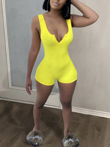 Leisure Style Yellow Wide Ribbed Sleeveless Collar Women Bodycon Jumpsuit-D