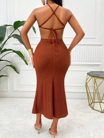 Leisure Vacation Halter Top & Skirt & Sweater Ties At The Back.