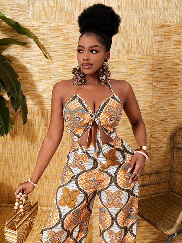 Leisure Vacation Wave Printed Halter Tie Front Hollow Out Wide Leg Jumpsuit