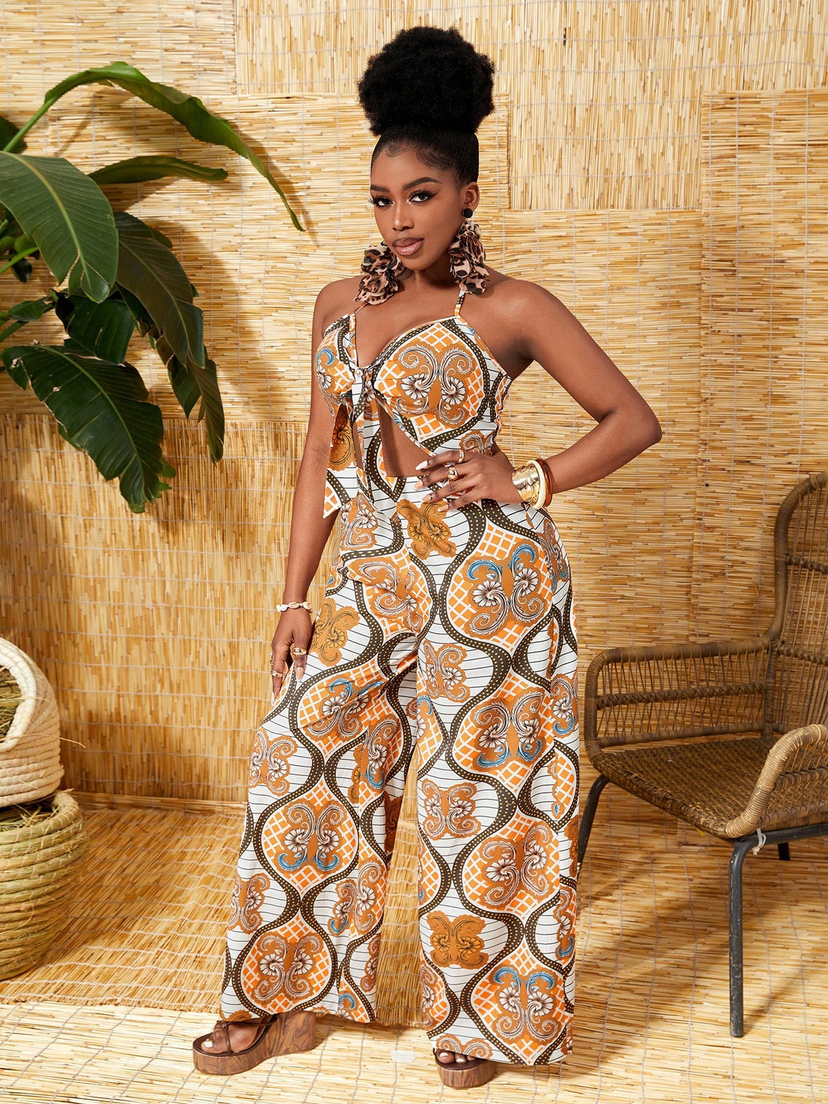 Leisure Vacation Wave Printed Halter Tie Front Hollow Out Wide Leg Jumpsuit