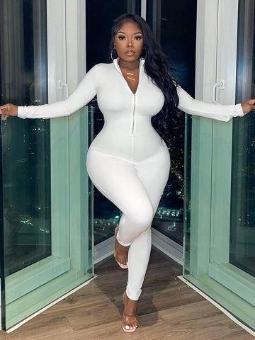 Leisure Yoga Fitness Solid Color Front Zipper Jumpsuit