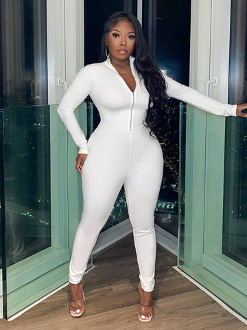 Leisure Yoga Fitness Solid Color Front Zipper Jumpsuit